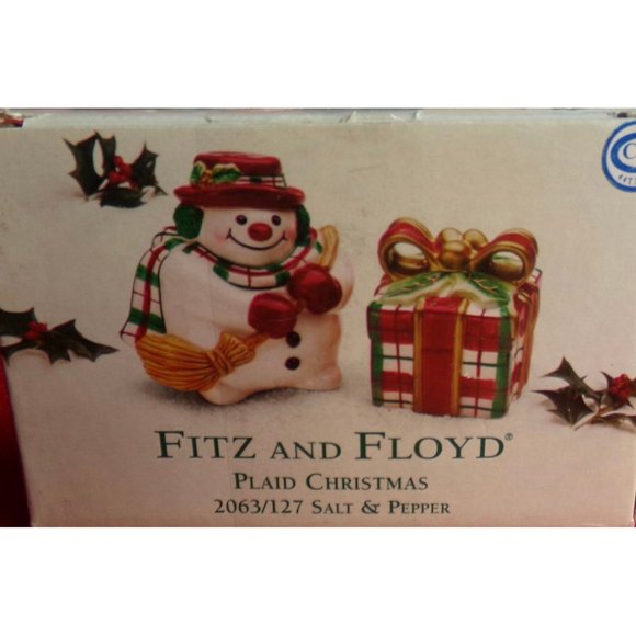 SALT & PEPPER Shaker ~~ Snowman and Gift, Fitz and Floyd Plaid Christmas - Picture 2 of 10